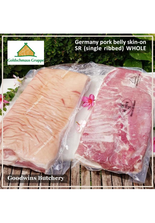 Pork BELLY SKIN ON samcan frozen Germany GOLDSCHMAUS whole cuts +/- 5kg 50x25x5cm (price/kg)